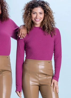 Marialícia - Blusa Feminina Básica Longa Canelada Fucsia - MARIALÍCIA