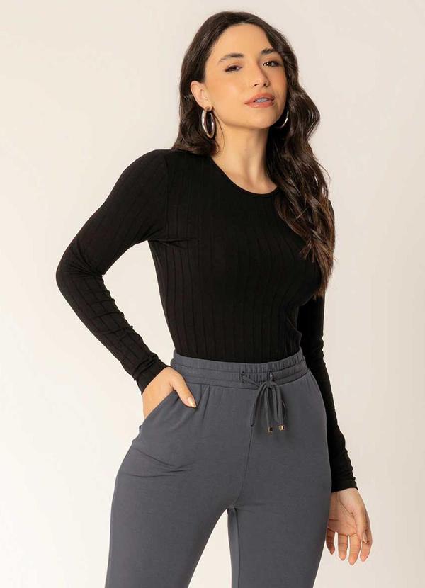 Cativa - Blusa Feminina Canelada com Detalhes Preto