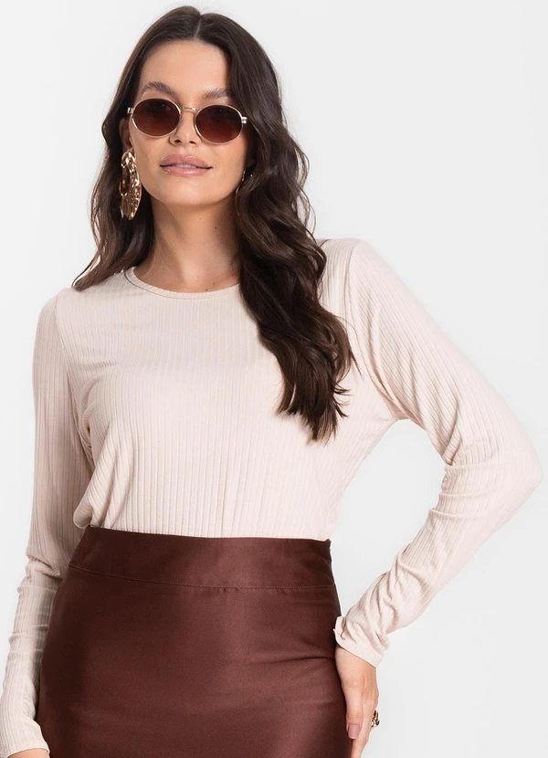 Infinita Cor - Blusa Feminina Canelada com Manga Longa Bege