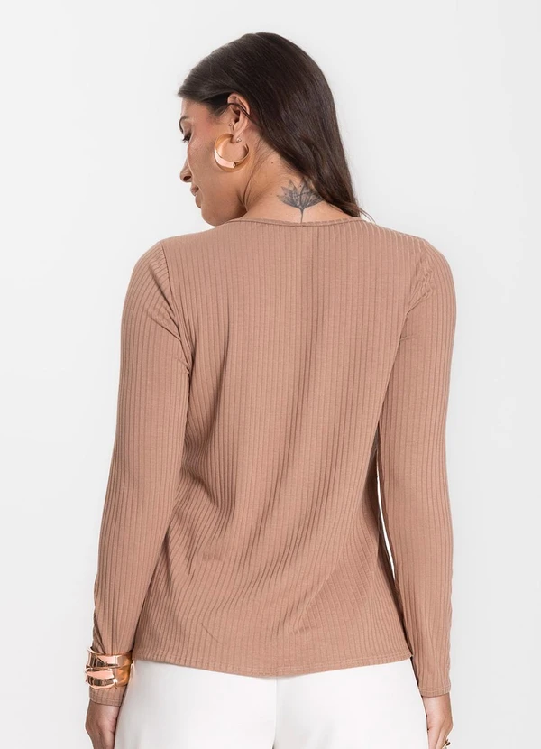 Infinita Cor - Blusa Feminina Canelada com Manga Longa Marrom	 2