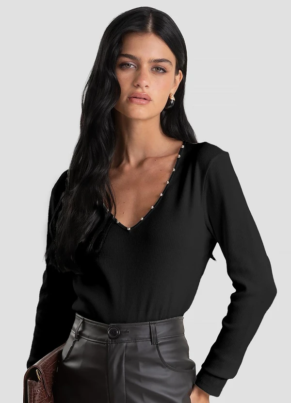 Dianna - Blusa Feminina Canelada com Rebites Preto