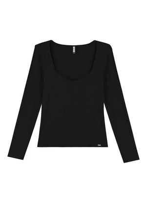 Marialícia - Blusa Feminina Canelada Decote Diamante Preto - MARIALÍCIA