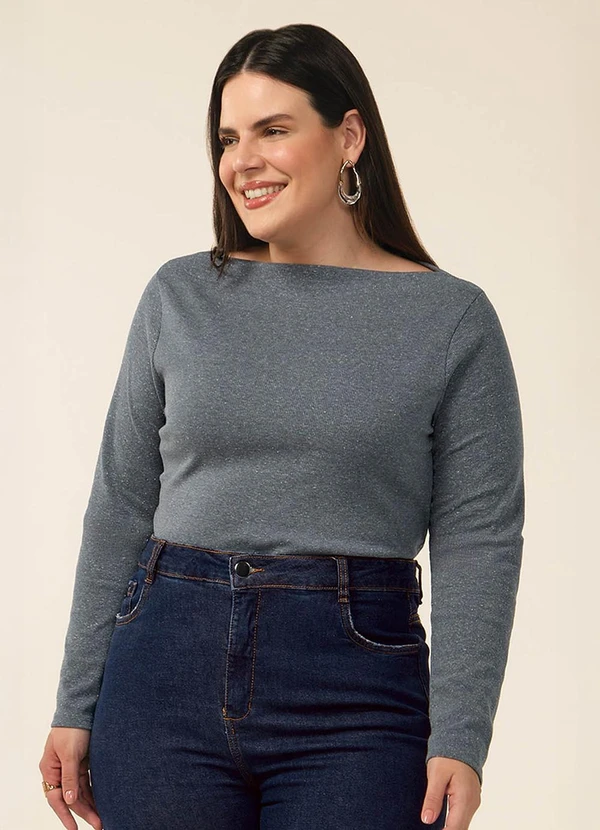 Marialícia - Blusa Feminina Canelada Decote Reto Azul