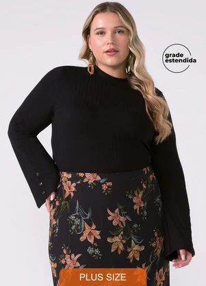 Marialícia - Blusa Feminina Canelada Manga Flare Preto - MARIALÍCIA