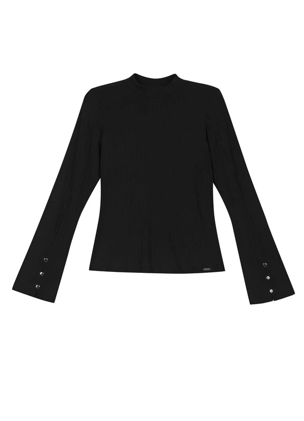 Marialícia - Blusa Feminina Canelada Manga Flare Preto 4