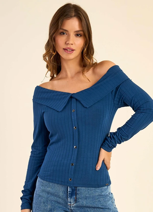 Marialícia - Blusa Feminina Canelada Ombro a Ombro Azul