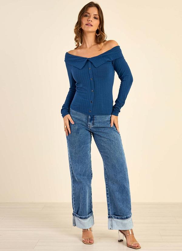 Marialícia - Blusa Feminina Canelada Ombro a Ombro Azul 3