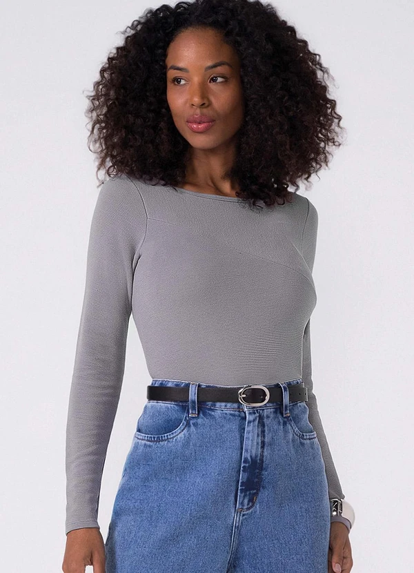 Marialícia - Blusa Feminina Canelado Assimétrico Cinza