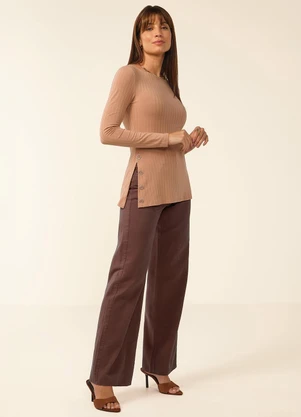 Marialícia - Blusa Feminina com Botões Canelada Marrom - MARIALÍCIA