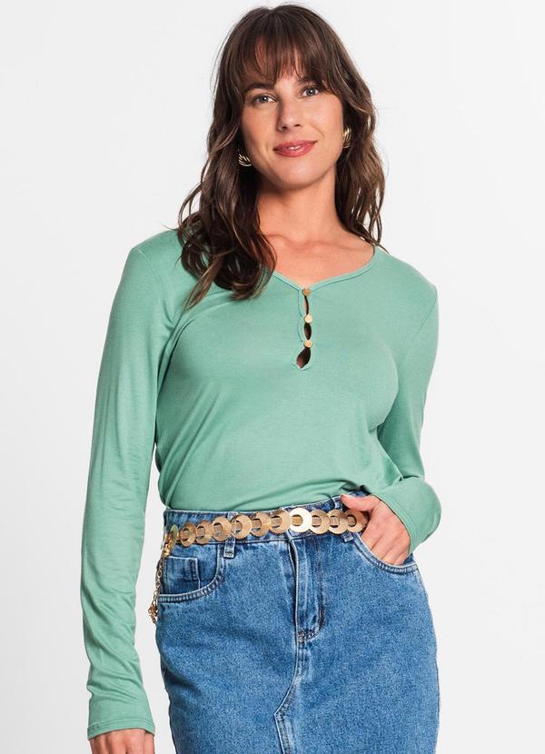 Rovitex - Blusa Feminina com Botões Manga Longa Verde