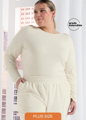 Marialícia - Blusa Feminina Comfy Manga Longa Canelada Bege - MARIALÍCIA