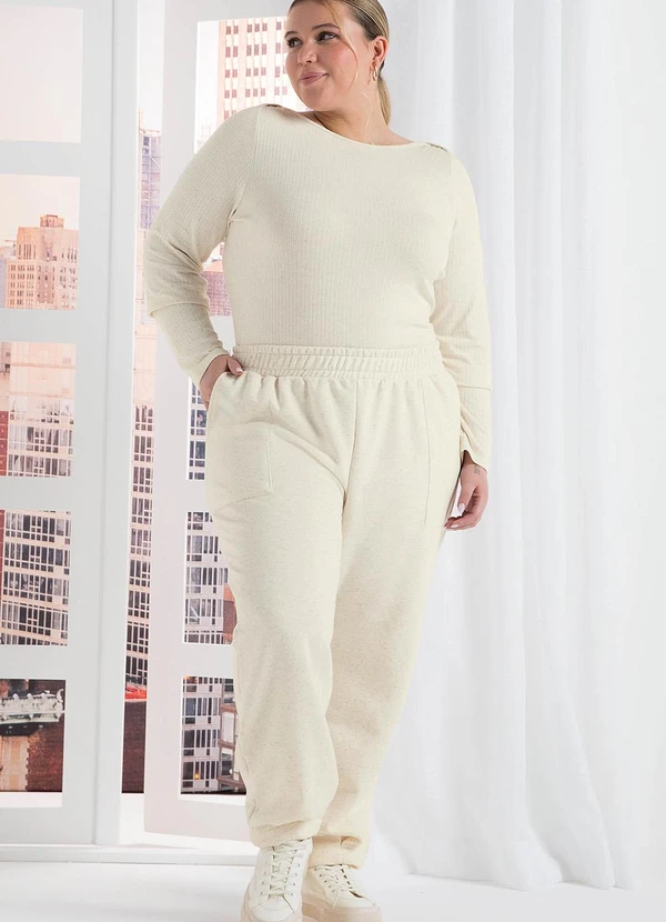 Marialícia - Blusa Feminina Comfy Manga Longa Canelada Bege 2