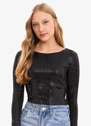 Minty - Blusa Feminina Cropped em Malha Lantejoula Preto - MINTY