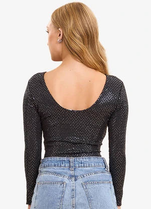 Minty - Blusa Feminina Cropped em Malha Lantejoula Preto - MINTY