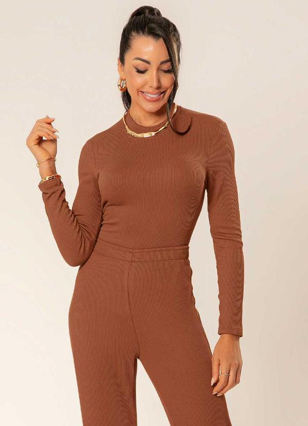 Cativa - Blusa Feminina de Manga Longa Canelada Marrom