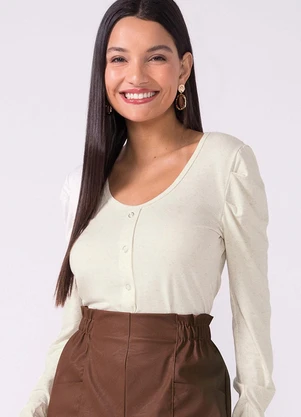 Marialícia - Blusa Feminina Decote U com Botões Bege - MARIALÍCIA