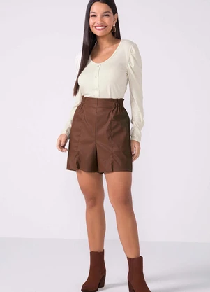 Marialícia - Blusa Feminina Decote U com Botões Bege - MARIALÍCIA