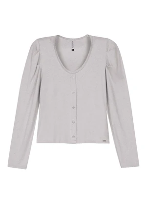 Marialícia - Blusa Feminina Decote U com Botões Cinza - MARIALÍCIA