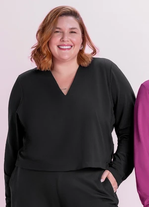Marialícia - Blusa Feminina Decote V Preto - MARIALÍCIA