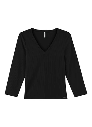 Marialícia - Blusa Feminina Decote V Preto - MARIALÍCIA