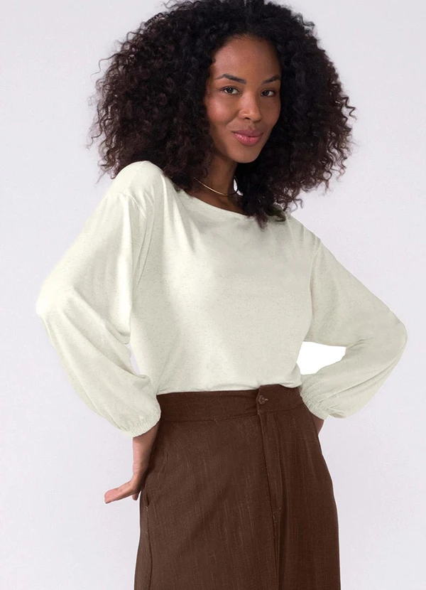 Marialícia - Blusa Feminina Lisa Manga Bufante Bege
