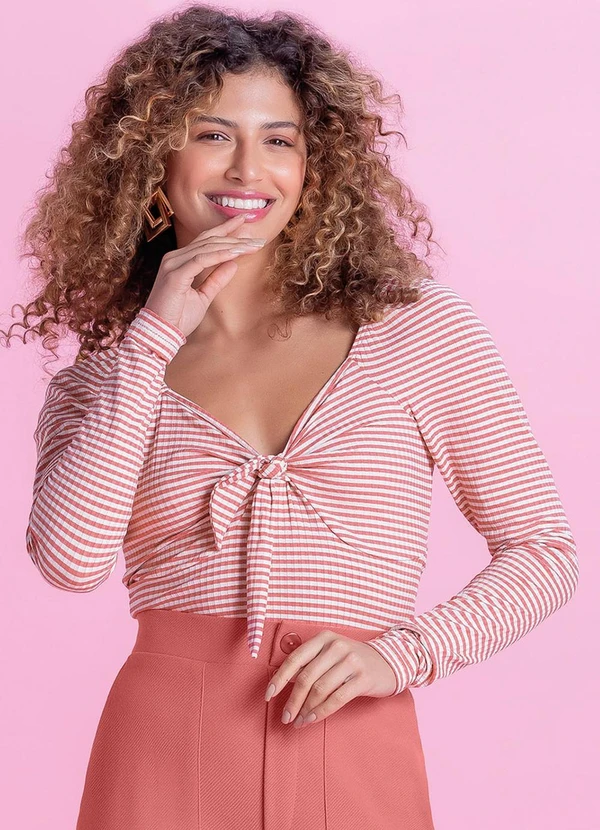 Marialícia - Blusa Feminina Listrada Canelada Rosa