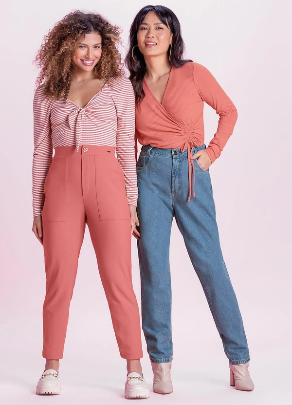 Marialícia - Blusa Feminina Listrada Canelada Rosa 3