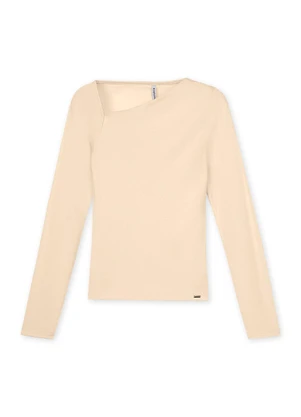 Marialícia - Blusa Feminina Longa Decote Assimétrico Bege - MARIALÍCIA