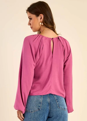 Marialícia - Blusa Feminina Manga Bufante com Transpasse Rosa - MARIALÍCIA