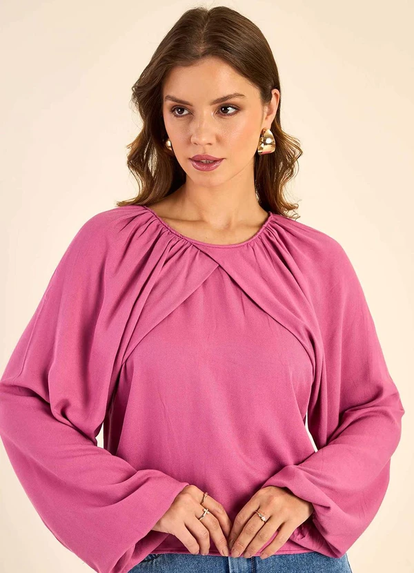 Marialícia - Blusa Feminina Manga Bufante com Transpasse Rosa