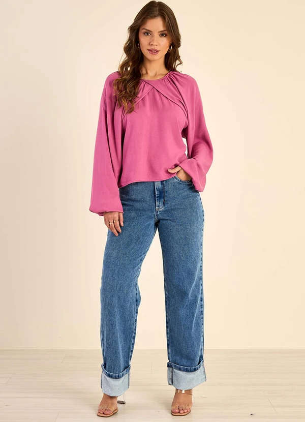 Marialícia - Blusa Feminina Manga Bufante com Transpasse Rosa 3