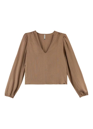 Marialícia - Blusa Feminina Manga Bufante Lurex Marrom - MARIALÍCIA