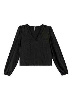 Marialícia - Blusa Feminina Manga Bufante Lurex Preto - MARIALÍCIA
