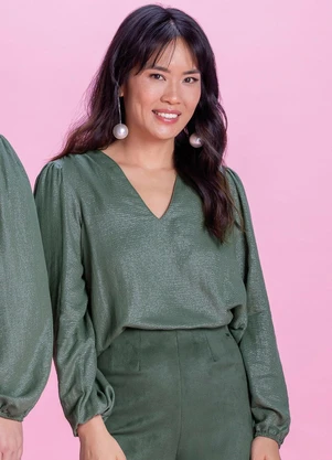 Marialícia - Blusa Feminina Manga Bufante Lurex Verde - MARIALÍCIA