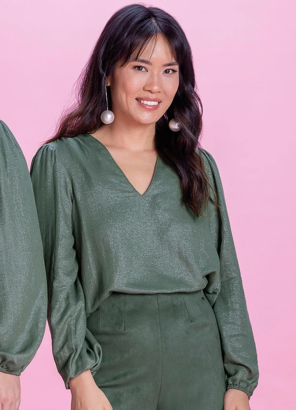 Marialícia - Blusa Feminina Manga Bufante Lurex Verde