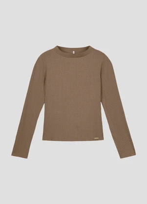 Cereja Rosa - Blusa Feminina Manga Longa Canelada com Retilínea Marrom - CEREJA ROSA