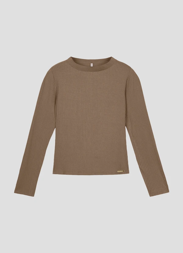 Cereja Rosa - Blusa Feminina Manga Longa Canelada com Retilínea Marrom