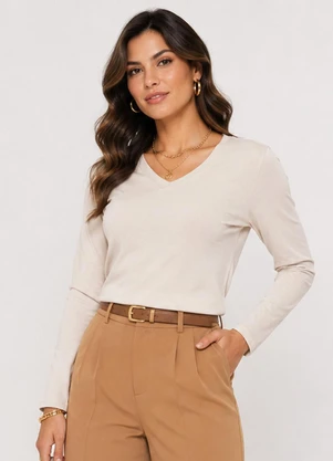 Infinita Cor - Blusa Feminina Manga Longa Decote V Bege - INFINITA COR
