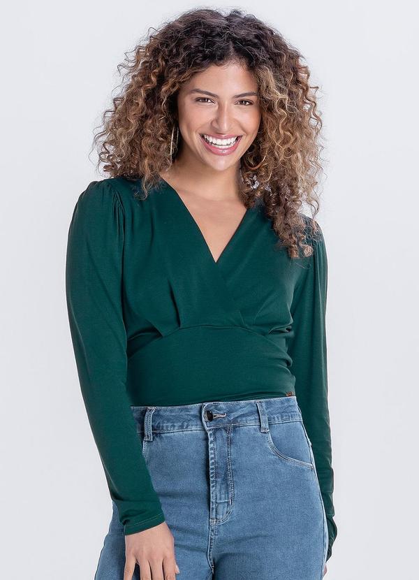 Marialícia - Blusa Feminina Manga Longa Decote V Verde