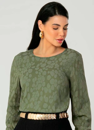 Gris Blusa Feminina Manga Longa Estampada Verde