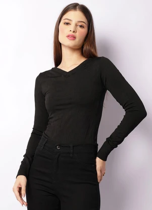 Torra - Blusa Feminina Manga Longa Maquinetada Preta - TORRA