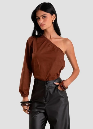Dianna - Blusa Feminina Manga Única em Tricoline Marrom - DIANNA
