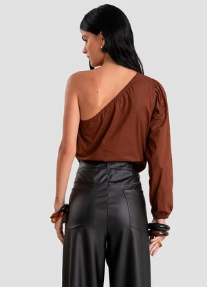 Dianna - Blusa Feminina Manga Única em Tricoline Marrom - DIANNA