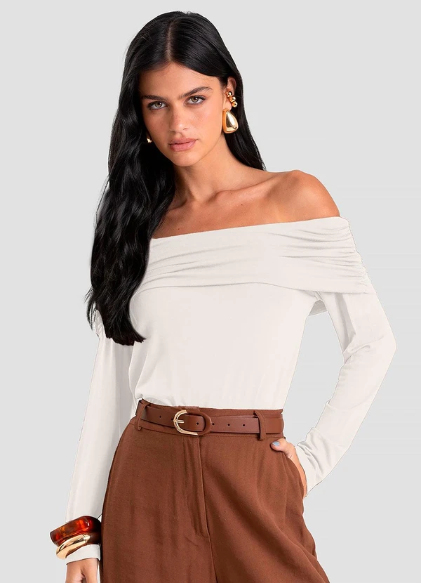 Dianna - Blusa Feminina Ombro a Ombro em Malha Visco Bege