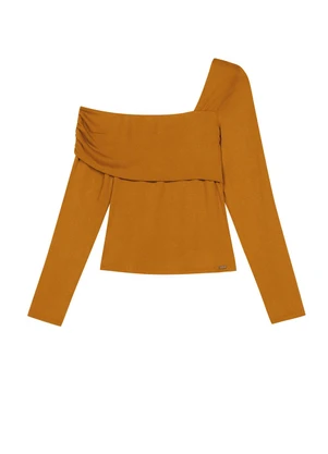 Marialícia - Blusa Feminina Ombro Só com Franzido Marrom - MARIALÍCIA