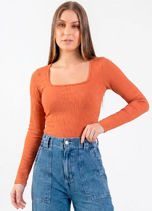 Just Basic - Blusa Feminina Ribana Canelada Marrom - JUST BASIC