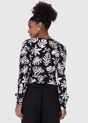 Malwee - Blusa Feminina Tropical Canelada Decote V Preto - MALWEE