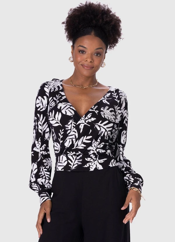 Malwee - Blusa Feminina Tropical Canelada Decote V Preto 3