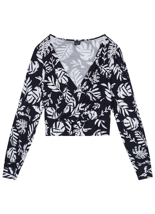Malwee - Blusa Feminina Tropical Canelada Decote V Preto 6