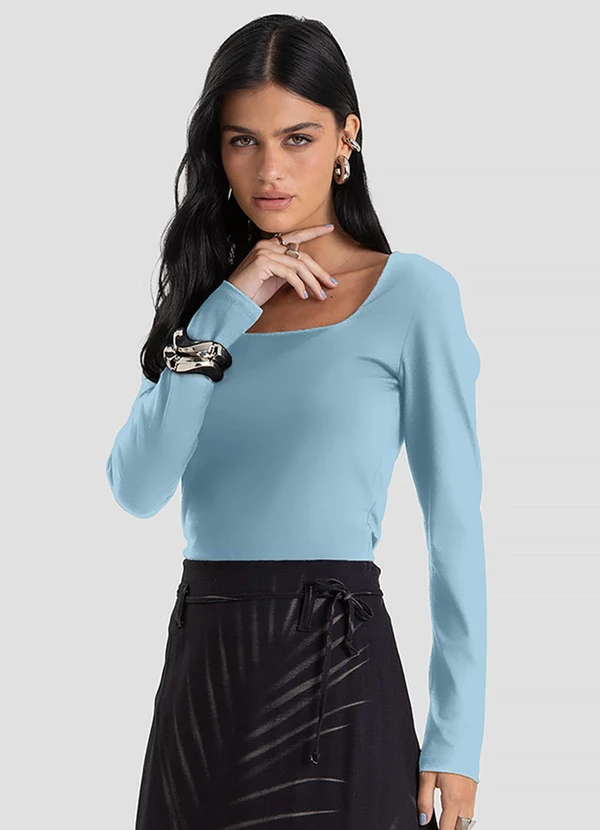 Dianna - Blusa Feminino Cotton Manga Longa Azul